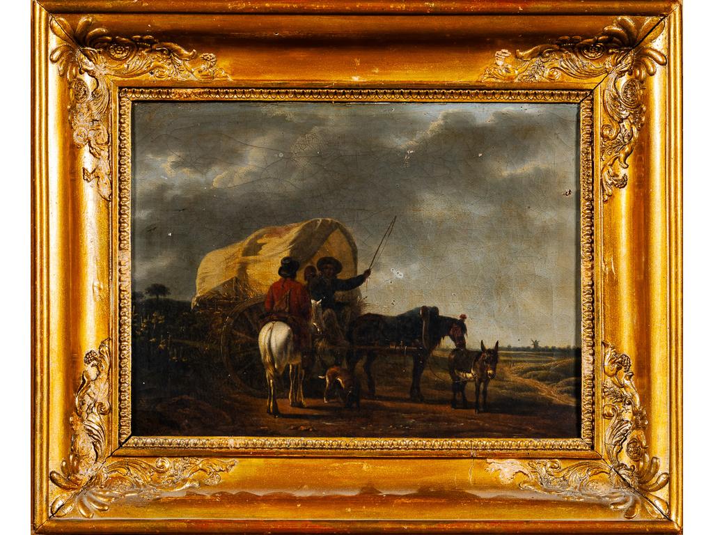 Ecole Hollandaise du XIXème siècle : Cavalier et calèche dans un paysage. Huile sur toile. (Accidents). Dim : 24.5 x 32.5 cm.