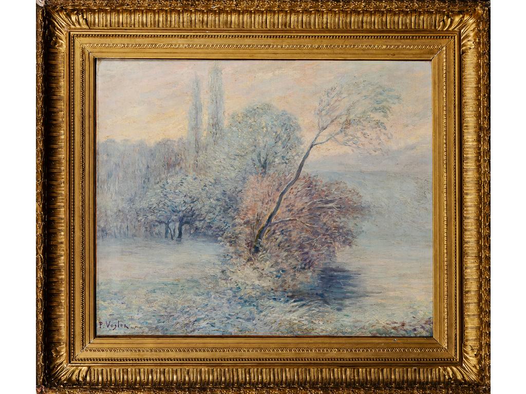 Paul VOGLER (1852-1904) : Paysage d'hiver. Huile sur toile signée en bas à droite. Dim : 64.5 x 81 cm.