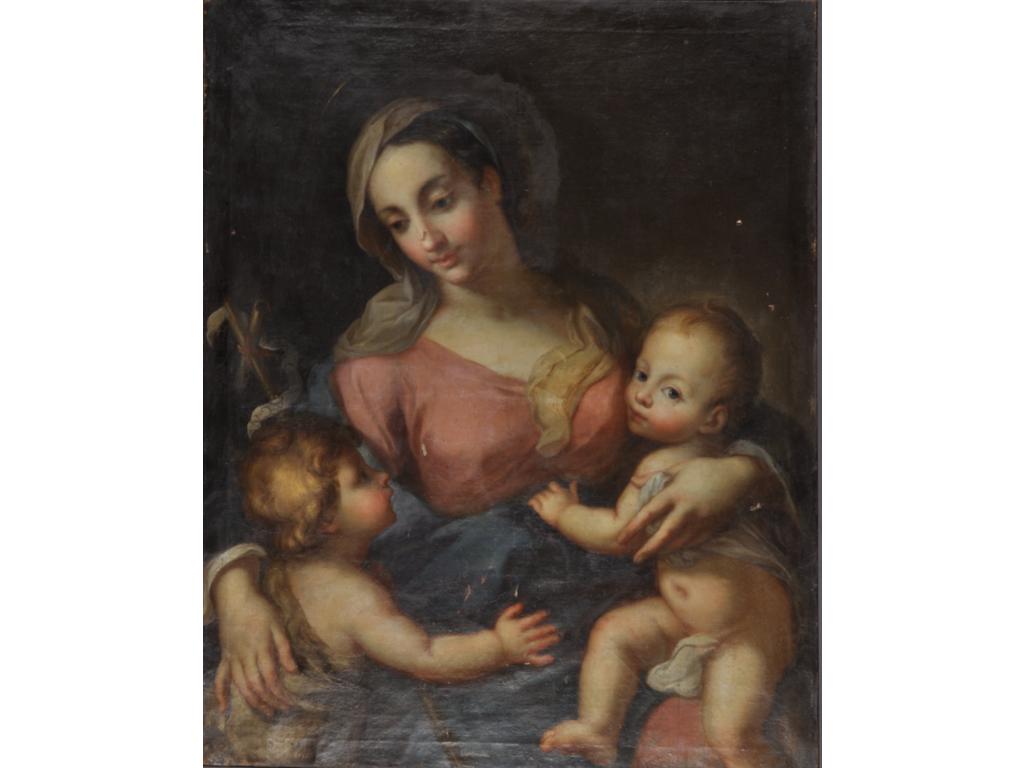 Ecole Romaine vers 1750, suiveur de MENGS : La Vierge à l'enfant avec le jeune Saint Jean Baptiste. Toile d'origine. Dimensions : 118.5 x 94 cm. (Sans cadre, accidents et manques de peintures)