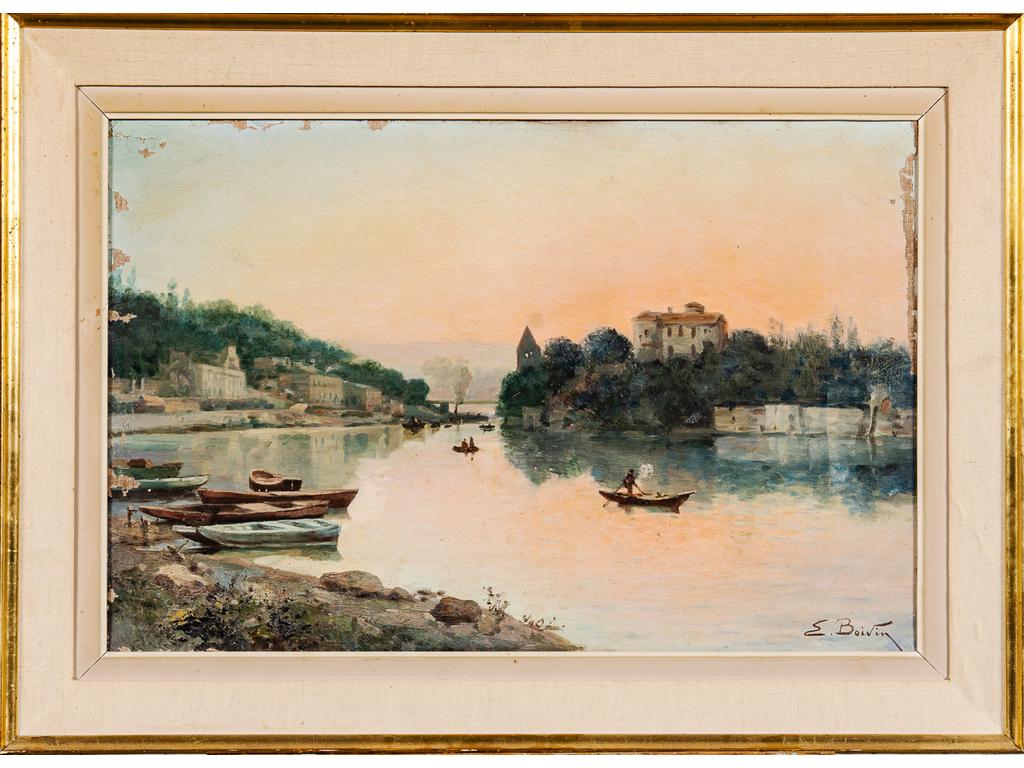 Emile BOIVIN (1846-1920) : Bord de rivière animé. Huile sur toile signée en bas à droite. (Manques, accrocs et restaurations). Dim : 43 x 65 cm.