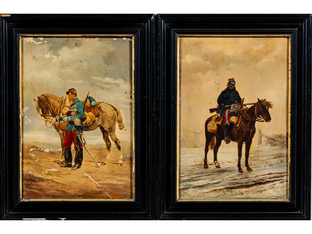 Suiveur de DETAILLE : Chasseur à cheval et chasseur à pied. Deux huiles sur panneaux en pendant, époque fin XIXème siècle. (Manques et traces de xylophages)