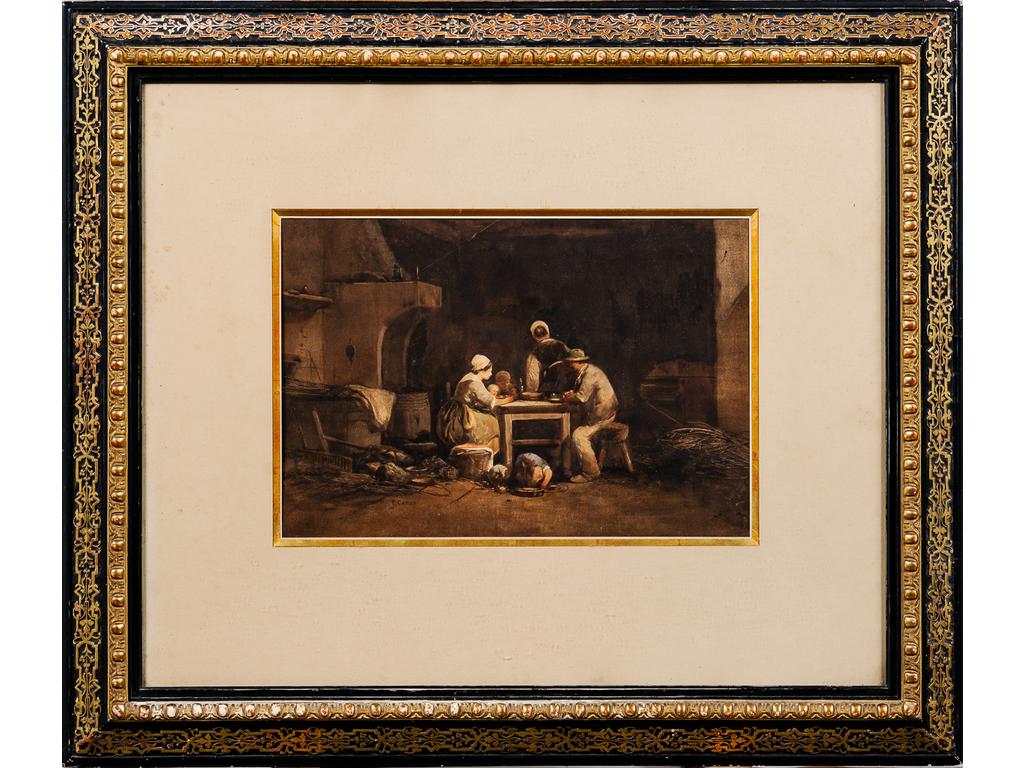 Paul CAMOIN (1816-1889) : Intérieur paysan. Paire d'aquarelles signées en bas à gauche. Dim : 34 x 49 cm.