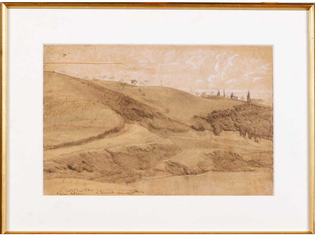 Louis JANMOT (1814-1892) : Paysage de Aqua Cetosa en Italie près de Rome. Dessin signé et daté 1835. Papier avec une pliure. 28 x 43 cm.