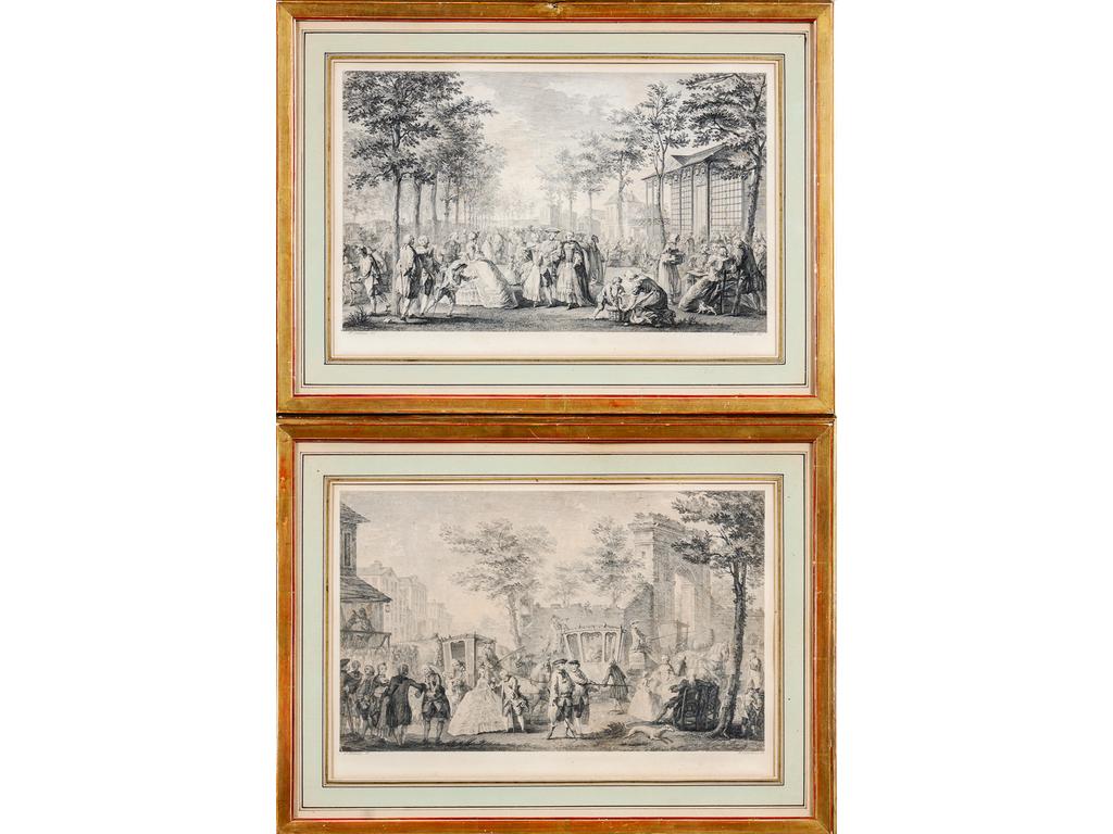 (D'après) SAINT AUBIN, gravé pas COURTOIS : Scène de parc et scène de rue animée. Paire de gravures encadrées. (Légères rousseurs). Dim : 25.5 x 38.5 cm.