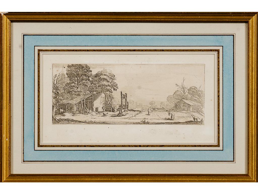 (D'après) Jacques CALLOT : Les paysans. Gravure signée dans la planche. Dim : 12.5 x 24.5 cm.