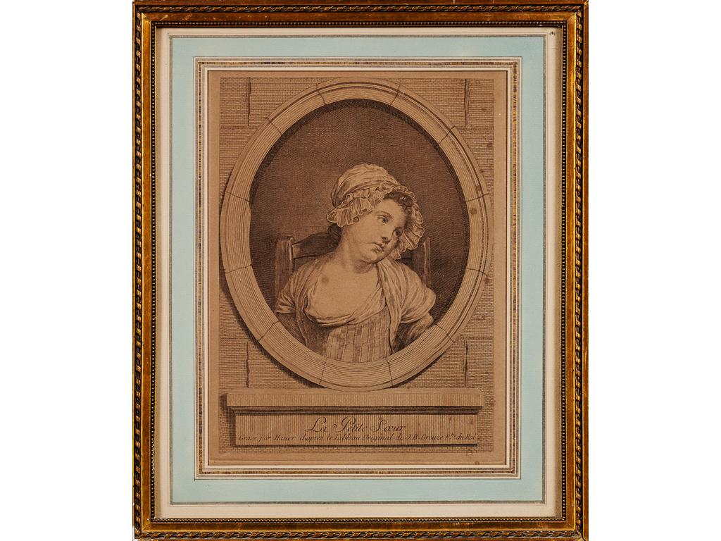 (D'après) GREUZE, gravée par HAUER : La petite soeur. Gravure encadrée sous verre. (Tâches et papier insolé). Dim (à vue) : 30 x 22.5 cm.
