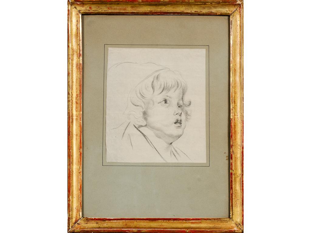 Ecole Française vers 1800 : Portrait d'enfant. Dessin au fusain sur papier vergé. (Pliures). Dim : 18 x 15.5 cm.