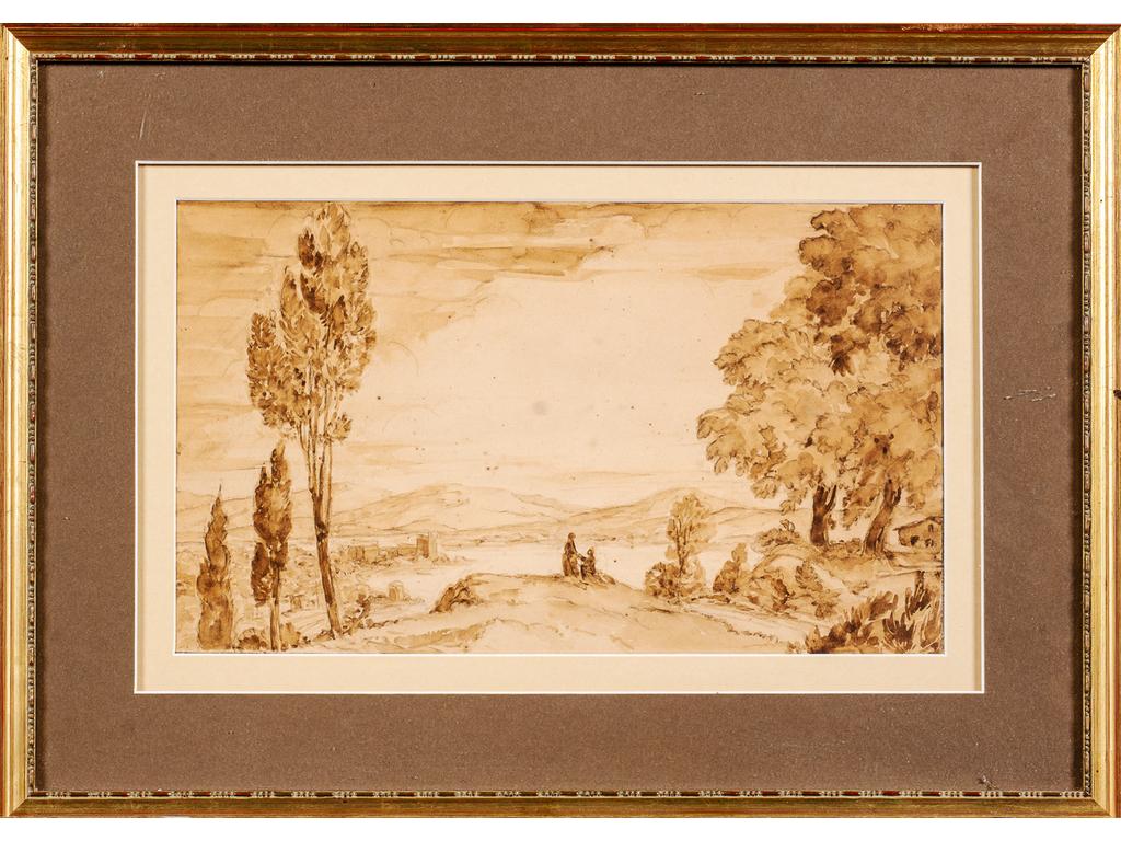 Ecole du XIXème siècle : Personnages dans un paysage. Dessin à l'encre et lavis. (Tâches). Dim : 19.5 x 33 cm.