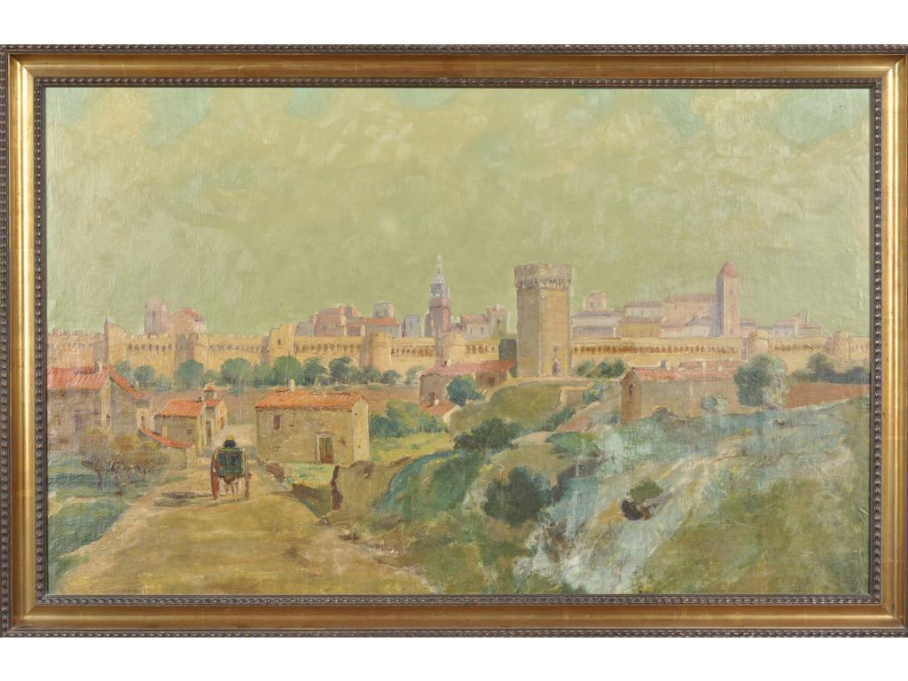 Ecole du midi du XIXème siècle : L'arrivée à Carpentras. Huile sur toile. (Vernis opacifié). Dim : 65 x 105 cm.