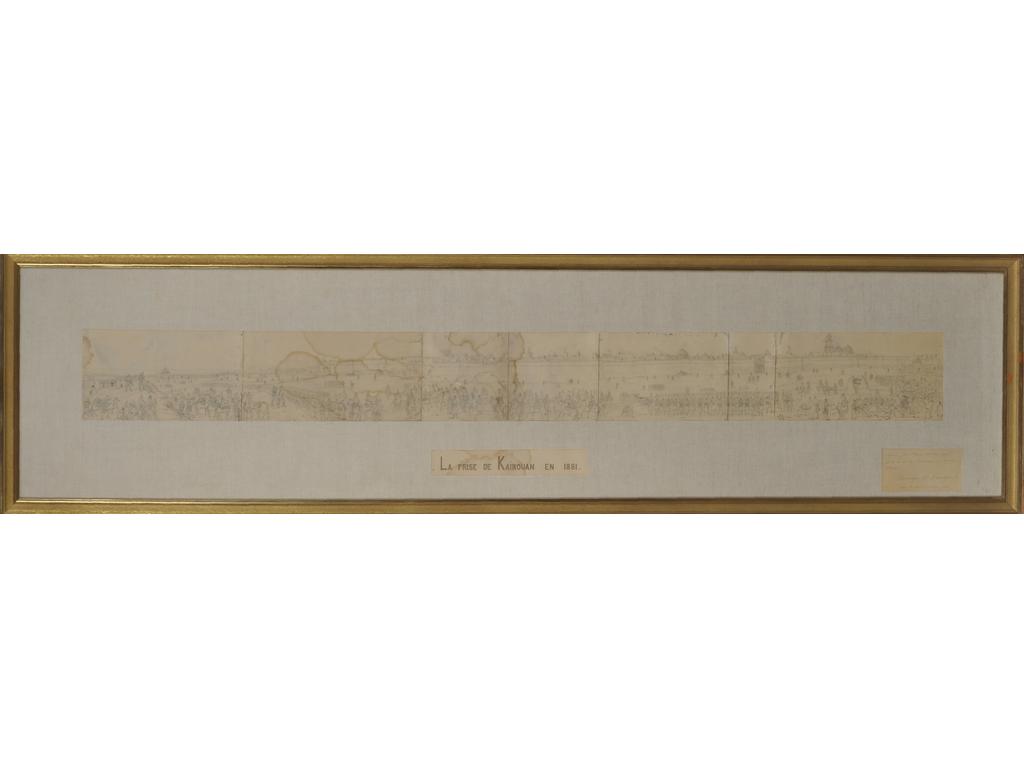Dick De LONLAY (1845-1893) : La prise de Kairouan en 1880. Dessin au crayon avec envoi en bas à droite. (Tâche et accidents). Dim encadrement : 149 x 38.5 cm.
