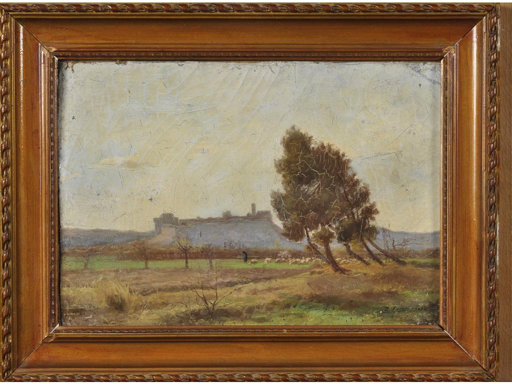 Jean-Baptiste BRUNEL (c.1850-1929) : Vue sur le Fort Saint-André. Huile sur toile marouflée sur carton, signée en bas à droite et datée 1884. (Craquelures, soulèvements et manques). Dim : 24.5 x 34.5 cm.