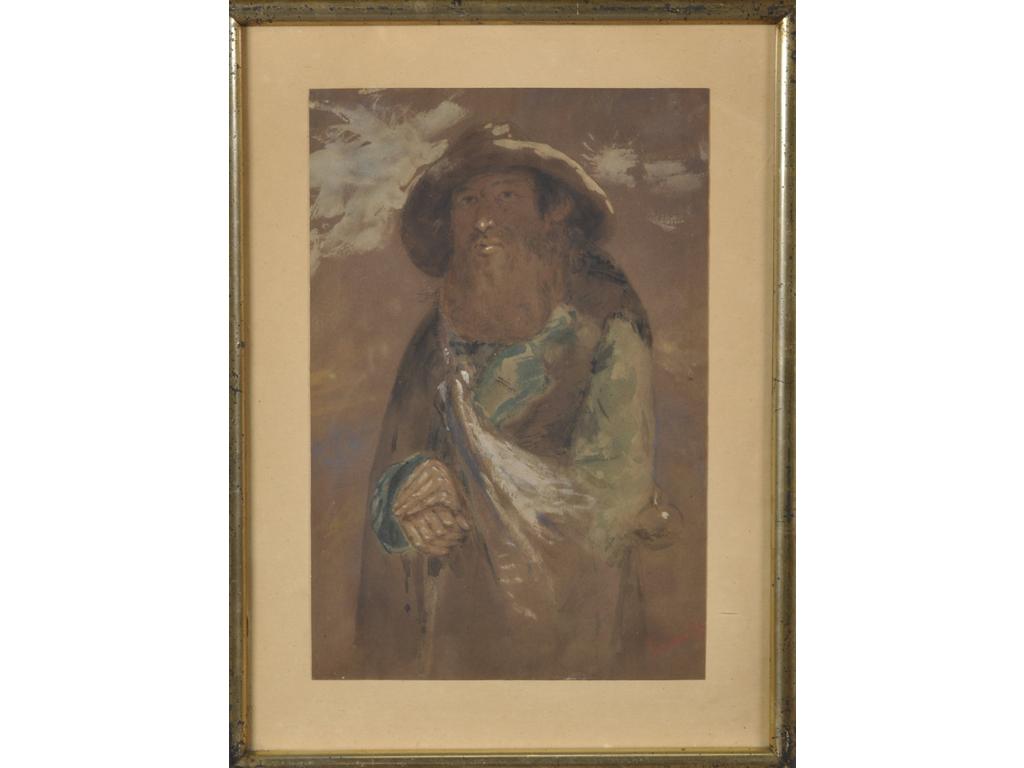 Pierre LAPLANCHE (1804-1882) : L'Homme au chapeau. Aquarelle gouachée signée en bas à droite. Dim : 29 x19.5 cm.