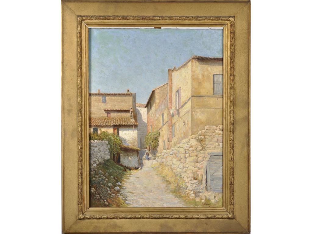 Albert BALMIER (1852-?) : Rue de village animée. Grande huile sur toile signée en bas à droite. Dim : 130 x 100 cm.