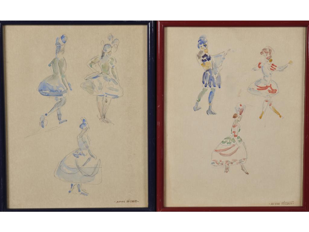 André NIVARD (1880-1969) : Les danseurs. Deux dessins d'études en pendants au crayon et à l'aquarelle signés en bas à droite. Dim : 31 x 24 cm.