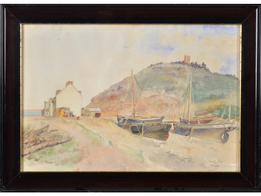 Ecole Française moderne : Sous la tour de Cesson. Aquarelle signée en bas à gauche (illisible) et située. Dim : 33.5 x 49.5 cm.