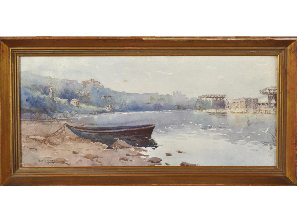M.M CALLIOP (XXème siècle) : Bord de Rhône, environs de Lyon. Aquarelle signée en bas à gauche. (Petite rousseurs). Dim : 24.5 x 56 cm.