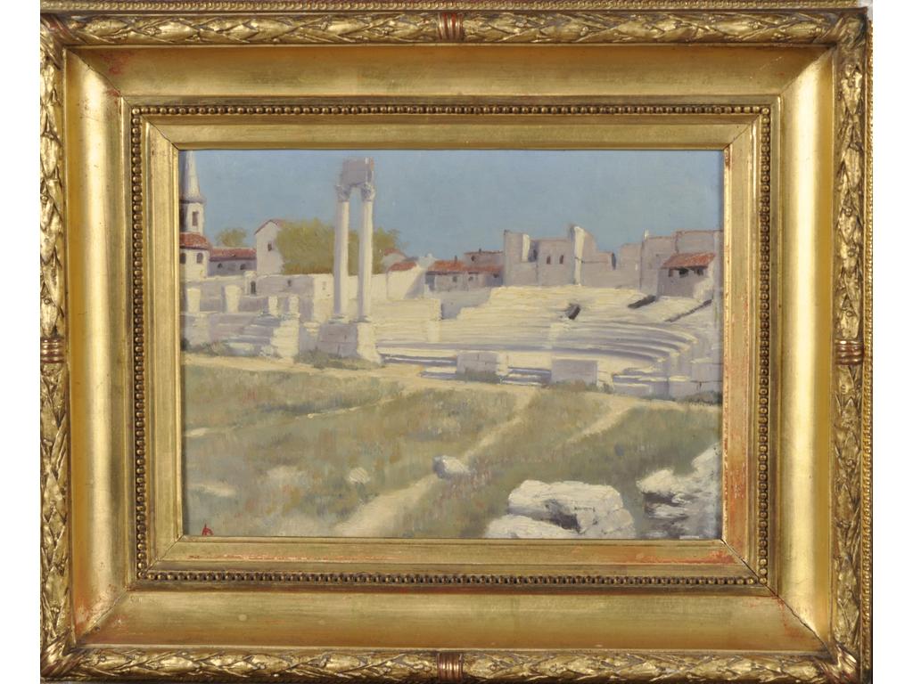 Ecole Française vers 1900 : le théâtre antique d'Arles. Huile sur panneau monogrammée