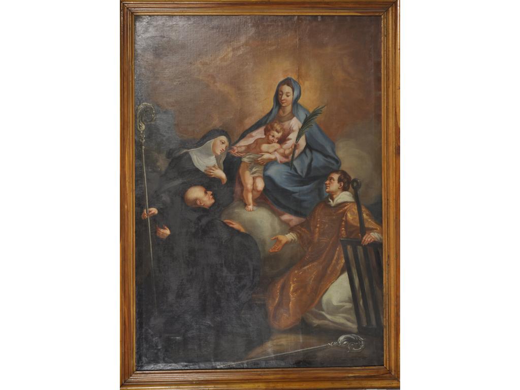 Ecole Française du XVIIIème siècle : « Lenfant Jésus donne la palme du Martyre à Saint Laurent ». Grande toile. (Accidents et repeints). Dim : 211.5 x 149.5 cm.