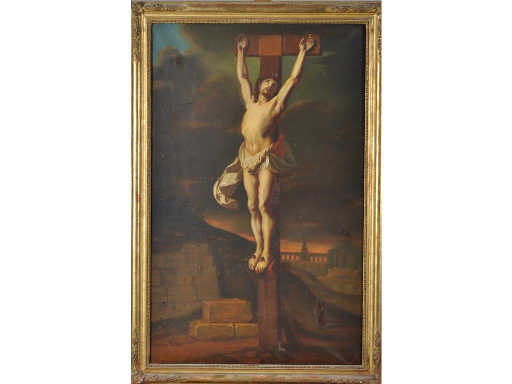 Ecole Française début du XIXème siècle : Christ en croix. Huile sur toile signée en bas à droite 