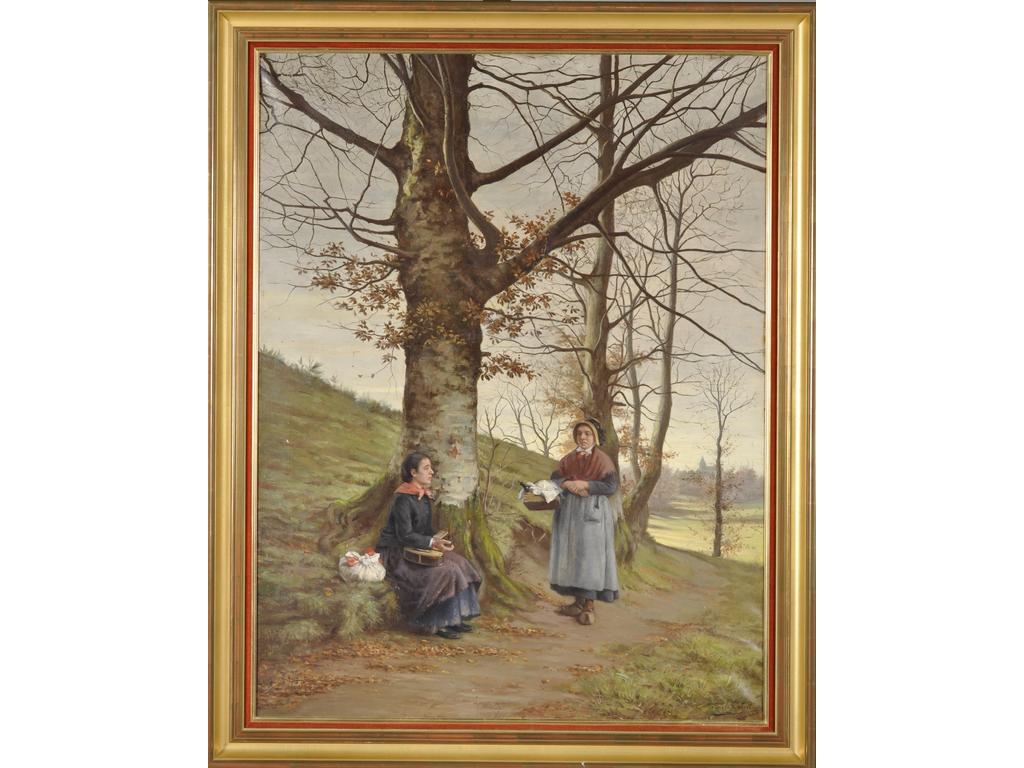 Emile GABERT : « La rencontre ». Grande huile sur toile signée en bas à droite. (Petites éraflures). Dim : 116 x 89 cm.
