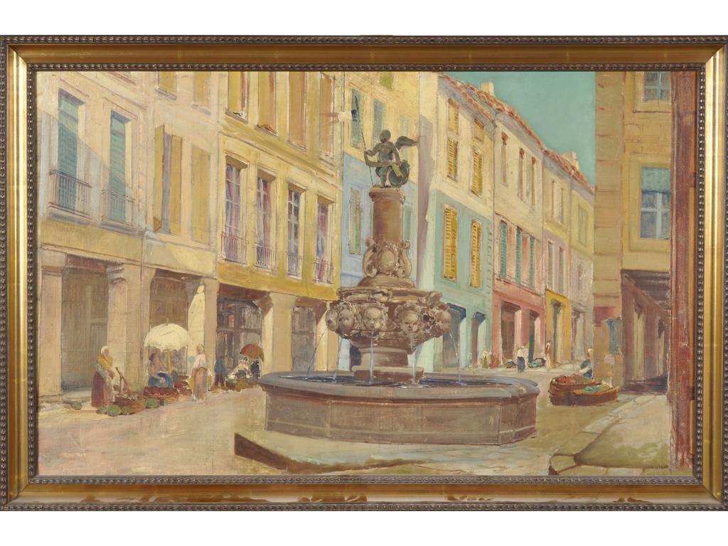 Ecole française du XIXème siècle : Fontaine de l'Ange, place Charretier à Carpentras. Huile sur panneau. Dim : 65 x 105 cm.