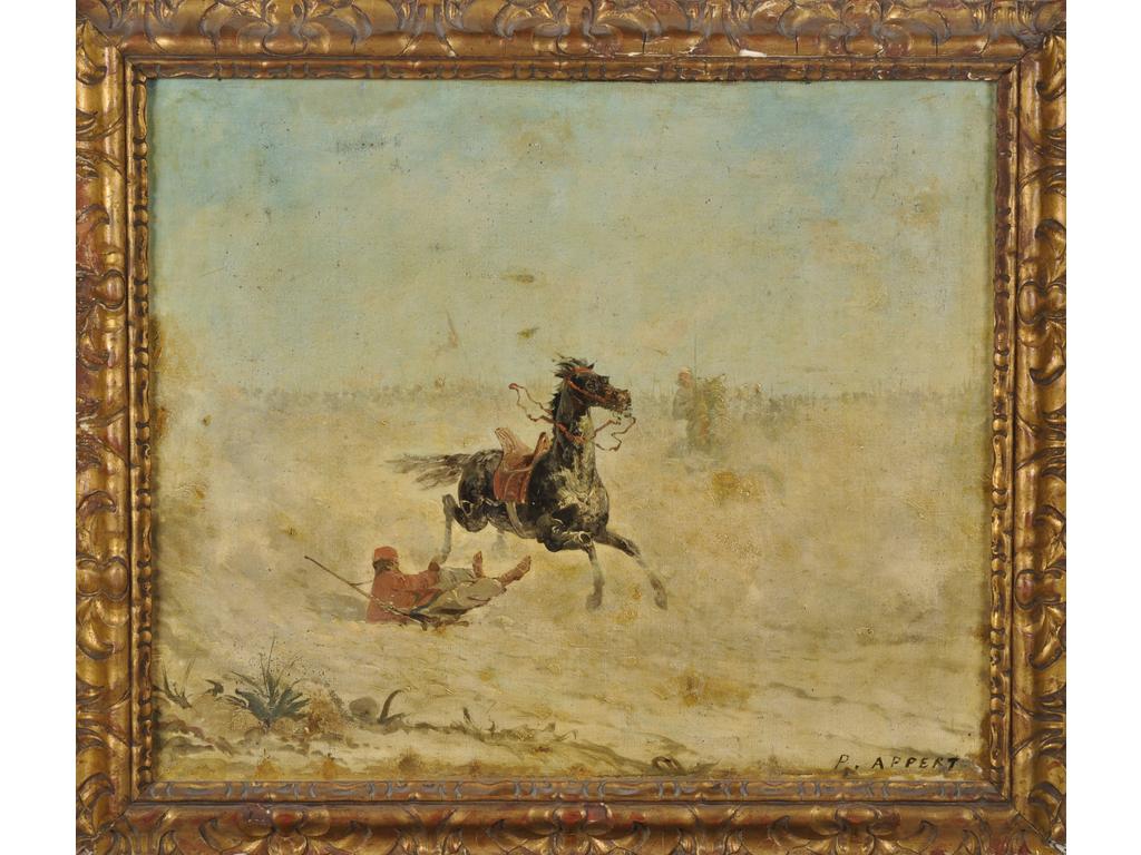 P. APPERT (XIXème - XXème siècle) : La chute de cheval. Huile sur toile signée en bas à droite. Dim : 54 x 65 cm.
