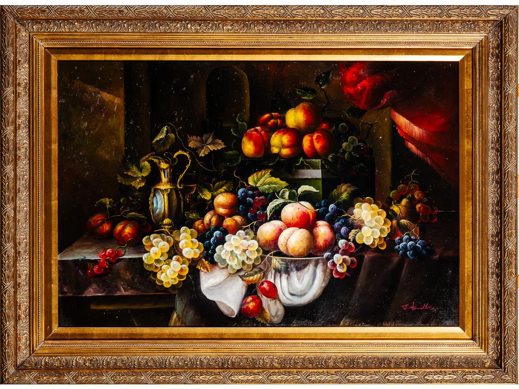 Ecole Moderne d'après une peinture ancienne : Nature morte aux fruits. Huile sur toile signée en bas à droite