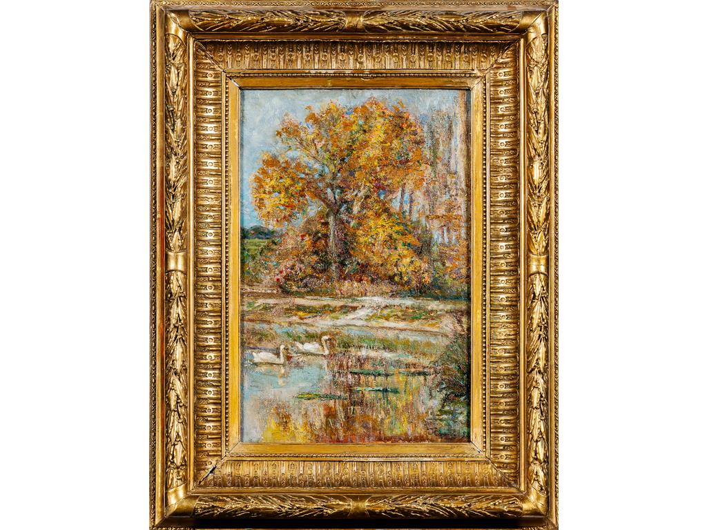 Ecole Moderne : Couple de cygnes dans le parc. Huile sur toile avec trace de signature en bas à droite et datée (18)89. (Nombreux accidents et restaurations). Dim : 54.5 x 38 cm.