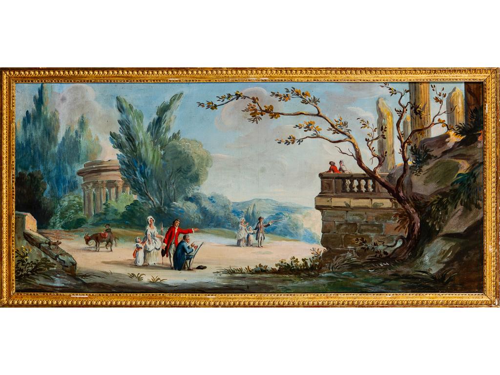 Ecole Française : Scène de parc animée. Dans le goût du XVIIIème siècle. (Rentoilage et restaurations). Dim : 60.5 x 130 cm.