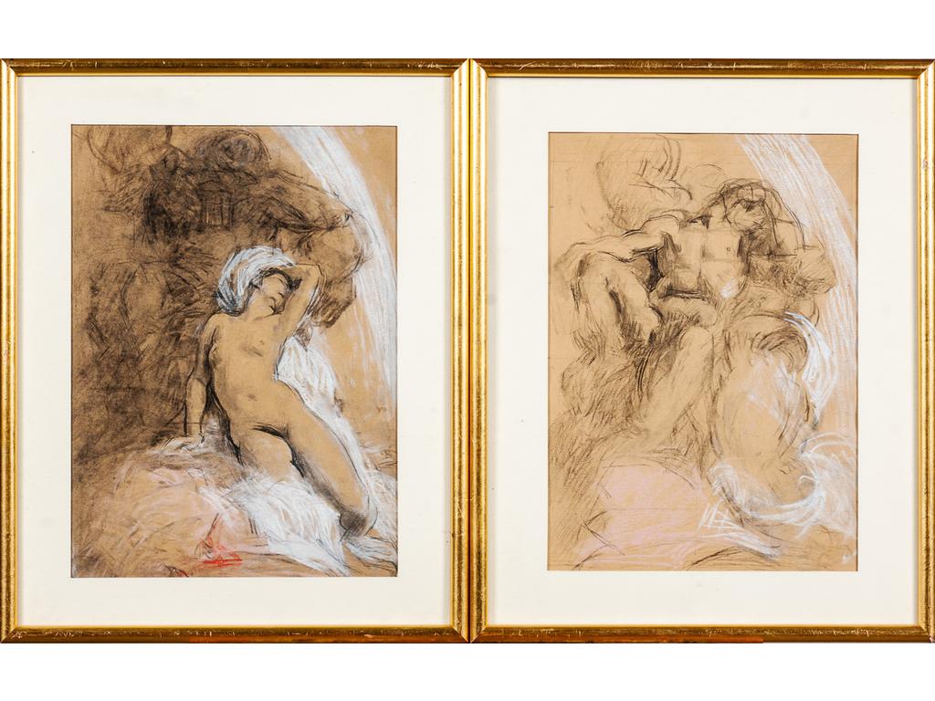 Ecole Française vers 1900 : Etude de nus. Paire de dessins au fusain et rehauts de craie et pastel. Dim : 38.5 x 37.5 cm.