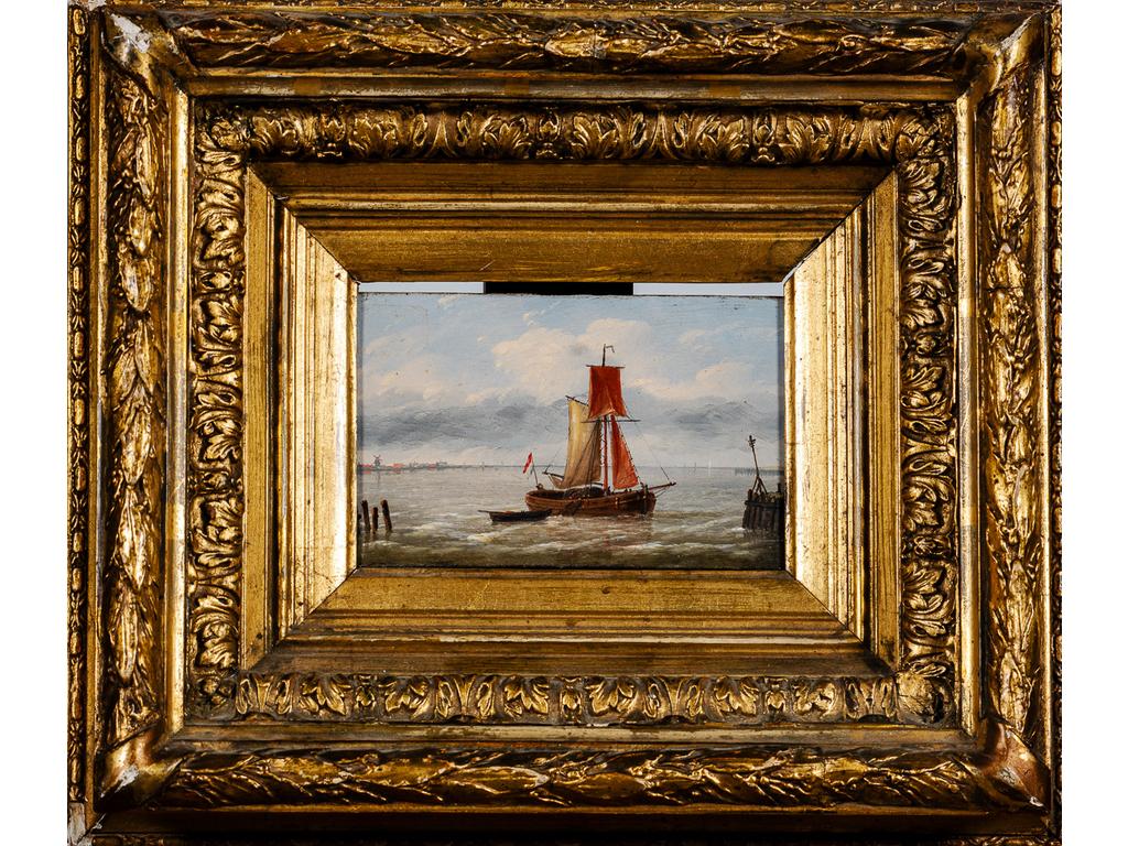 Louis VERBOECKHOVEN (1802-1884) : Le voilier. Petite huile sur panneau signée au revers. Dim : 10 x 17 cm.