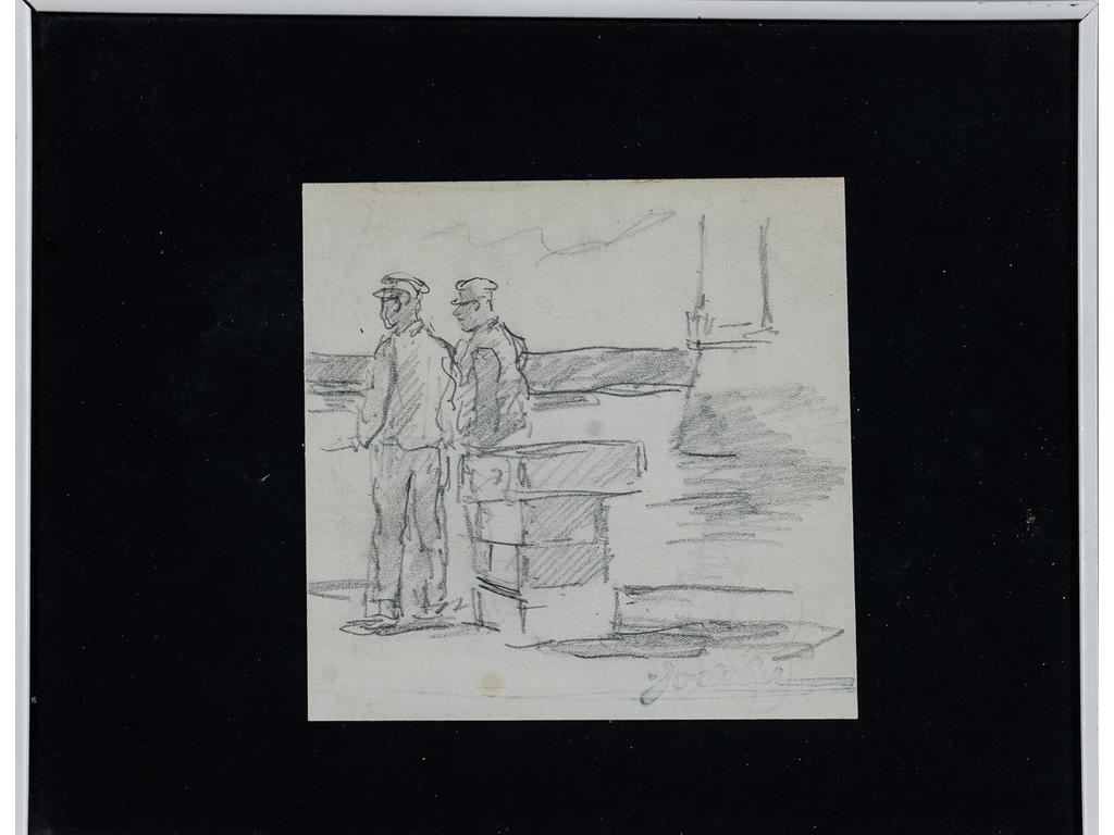 Charles Emmanuel JODELET (1883-1973) : Les Dockers. Dessin au crayon, signé du cachet d'atelier en bas à droite. Dim : 15 x 15 cm.