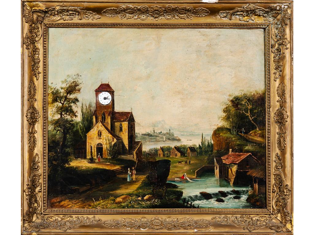 Ecole du XIXème siècle : Tableau horloge composé d'une huile sur toile représentant un paysage dans un cadre en bois et stuc doré. Porte l'étiquette de l'enseigne