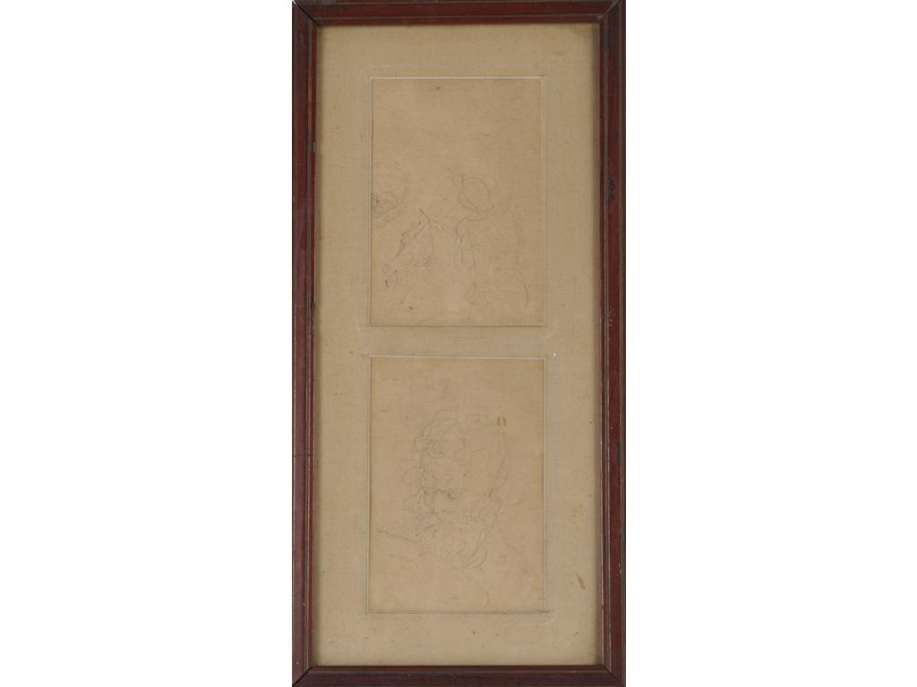 Ecole Française du XIXème siècle : Deux dessins d'étude à la mine de plomb représentant un cavalier de dos et un portrait de Neptune. Signature apocryphe. Dans un même encadrement. (Rousseurs). Dims : 13.5 x 11 cm et 14.5 x 12 cm.