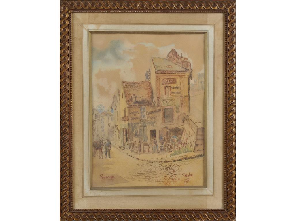 Ecole Moderne : Rue de Pontoise animée. Aquarelle située et signée en bas à droite