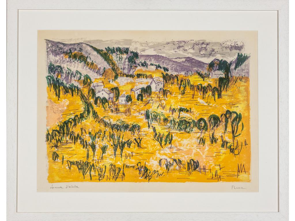 FLAURE (XXème): Le Mont des Albères-Pyrénées. Lithographie, épreuve dartiste signée en bas à droite au crayon. Dimensions: 44x60 cm.