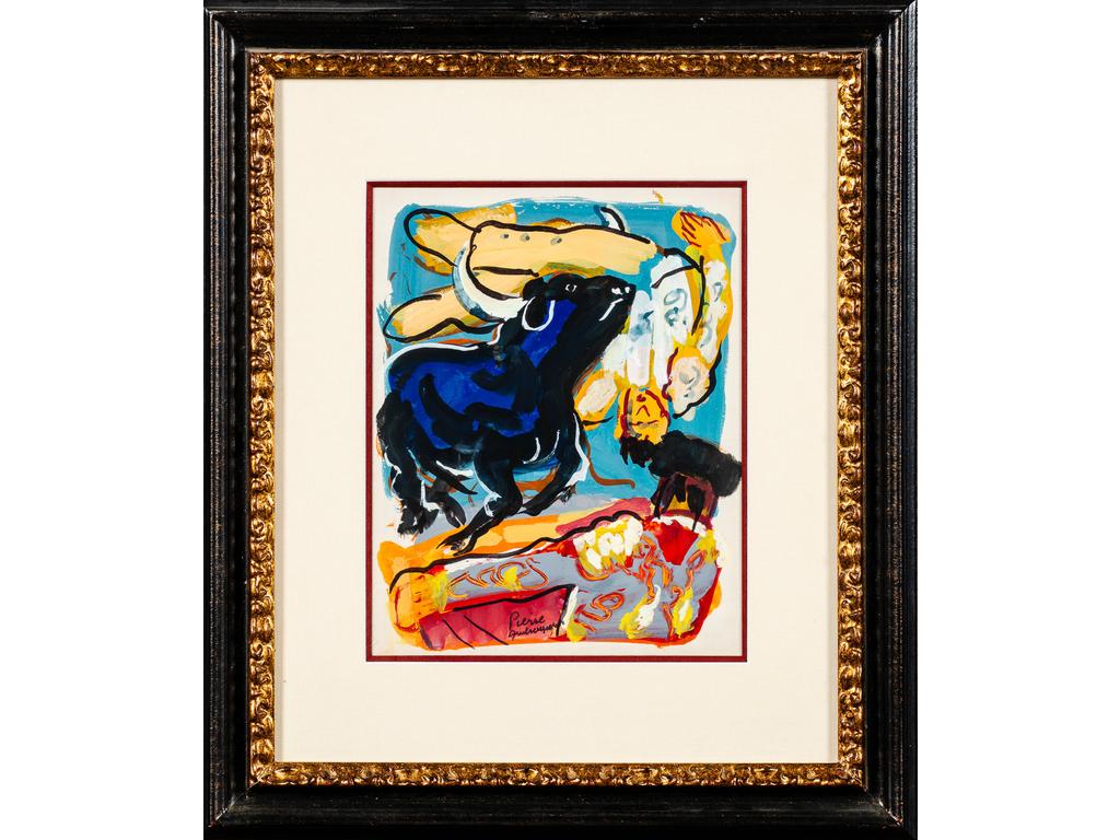 Pierre AMBROGIANI (1907-1985) : Taureau et torero. Dessin à la gouache signé en bas au milieu. Dim : 30 x 24 cm.