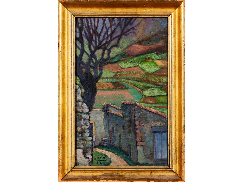 Colbert CASSAN (1899-1979) : Paysage à la veille maison. Huile sur toile signée en bas à gauche et datée 1952. Dim : 47 x 29 cm.
