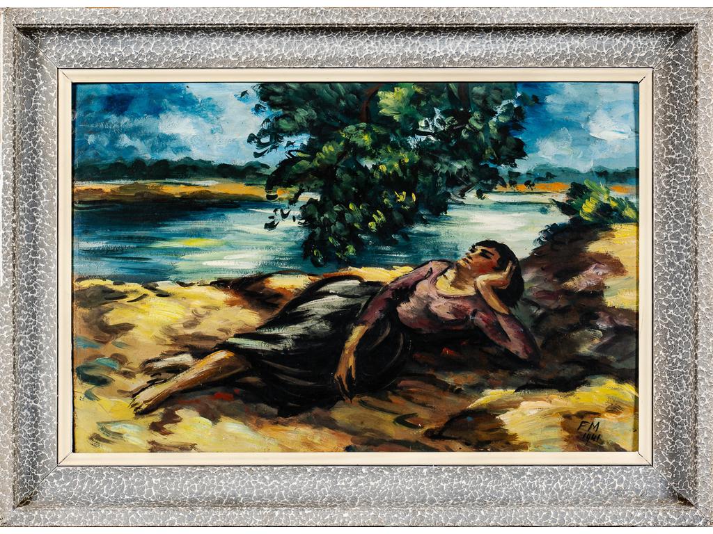 Franz MASEREEL (1889-1972) : Repos d'une femme au bord de la rivière. Huile sur isorel monogrammée en bas à droite. Contresigné et daté (19)41 au dos. Dim : 33 x 50cm.