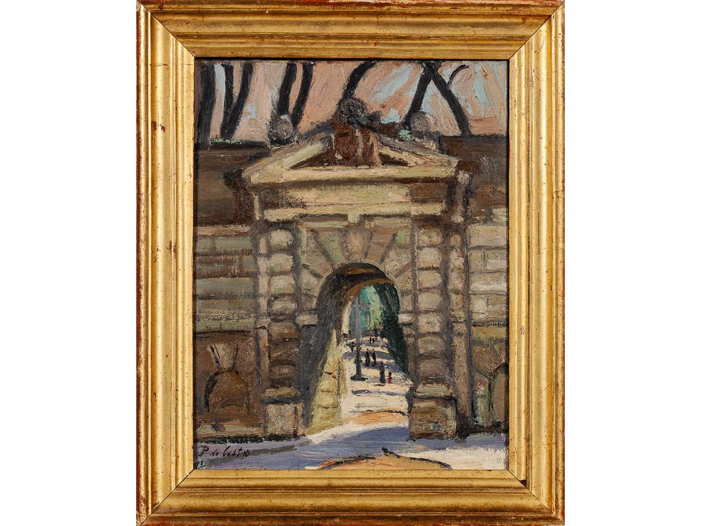Paul de CASTRO (1882-1939) : Porte de la chartreuse à Villeneuve lez Avignon. Huile sur toile signée en bas à gauche. Dim : 34 x 26 cm.