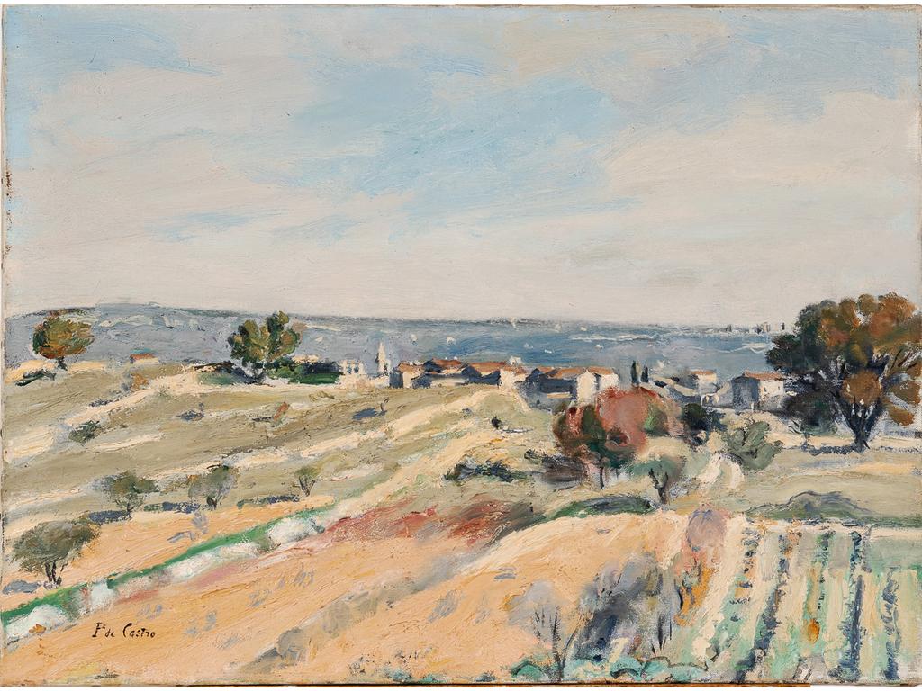 Paul de CASTRO (1882-1939) : Vue de village au clocher. Huile sur toile signée en bas à droite. (Sans cadre). Dim : 53.5 x 73 cm.