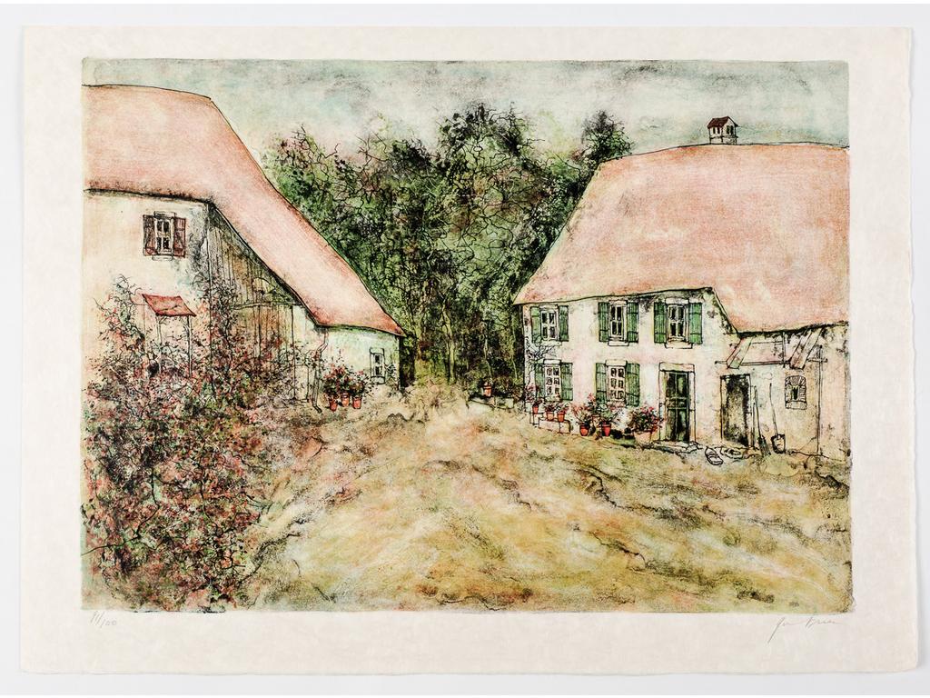 Bernard GANTNER (1928-2018) : Cour de ferme. Lithographie sur papier Japon signée en bas à droite au crayon et numérotée 91/100. (Sans cadre). Dim : 48 x 66 cm.