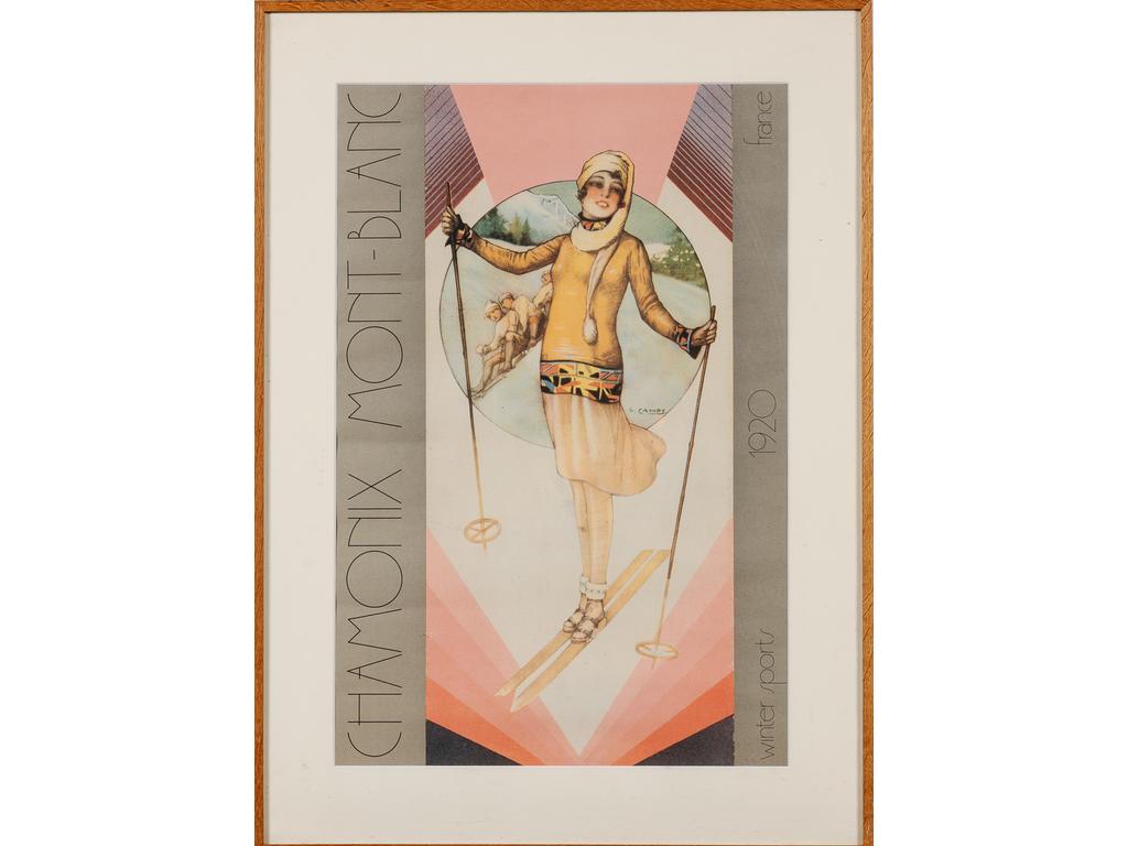 (D'après) C.CAMPS : Chamonix Mont Blanc. Winter sports 1920, France. Affiche (réédition décorative). Dim : 62 x 42 cm.