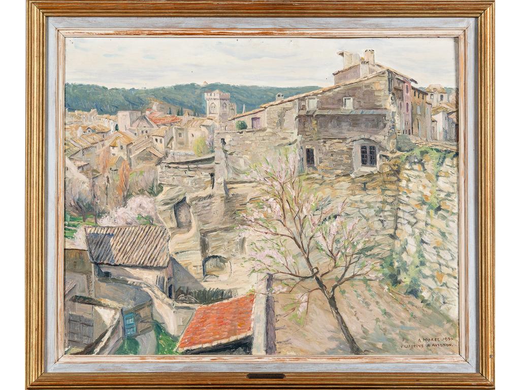 Albert HOREL (1876-1964) : Rue de la montée du fort, Villeneuve les Avignon. Huile sur toile signée en bas à droite, située et datée 1930. Dim : 80 x 99.5 cm.