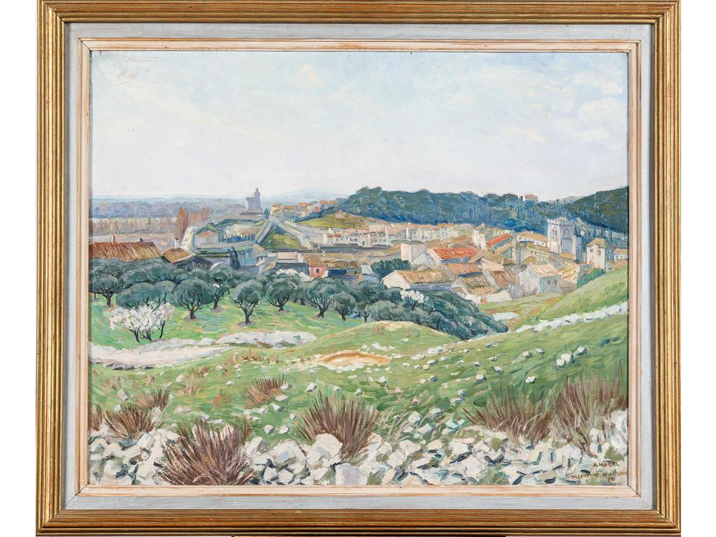 Albert HOREL (1876-1964) : Vue de Villeneuve les Avignon. Huile sur panneau signée en bas à droite, située et datée 1930. Dim : 81 x 99.5 cm.