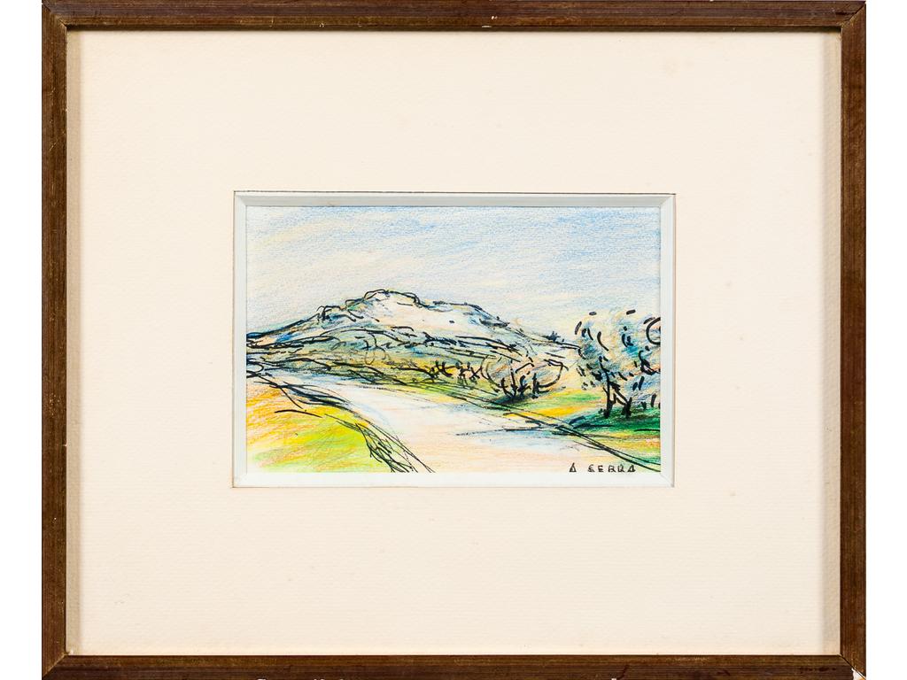 Antoine SERRA (1908-1995) : Paysage Provençale. Petit dessin au pastel et encre signé en bas à droite. Dim : 10 x 15.5 cm.