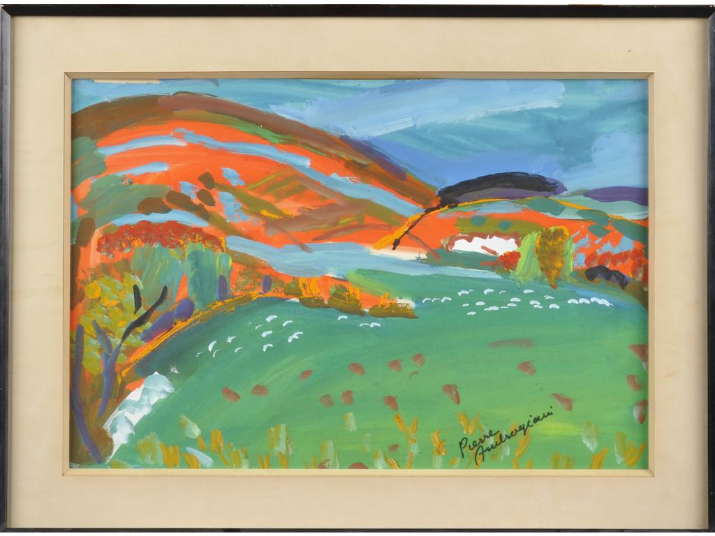 Pierre AMBROGIANI (1907-1985): Paysage. Gouache, signée en bas à droite. Dim : 35 x 52 cm. (Papier gondolé)