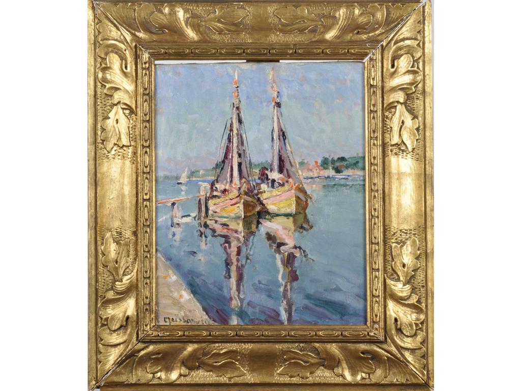 Joseph MEISSONNIER (1864-1943) : Les deux voiliers sur le canal. Huile sur toile, signée en bas à gauche. Dimensions : 41 X 33 cm.
