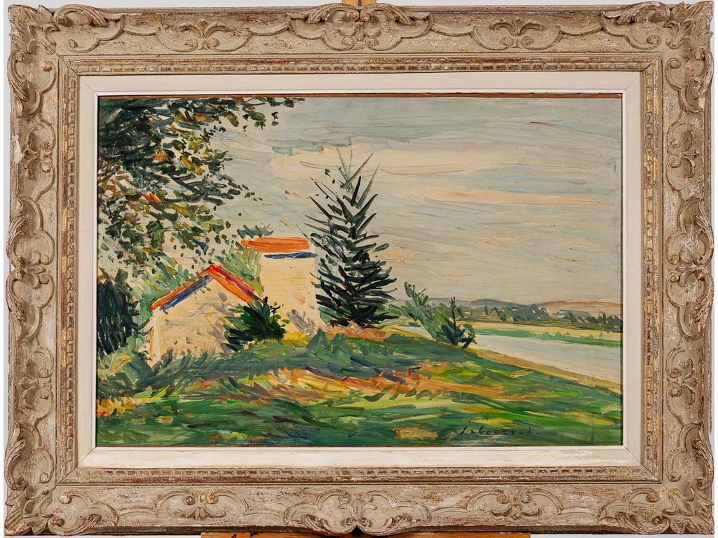 Emile SABOURAUD (1900-1996) : les bords de la Marne près de Château-Thierry. Huile sur toile signée en bas à droite. Dim : 54 x 81 cm.