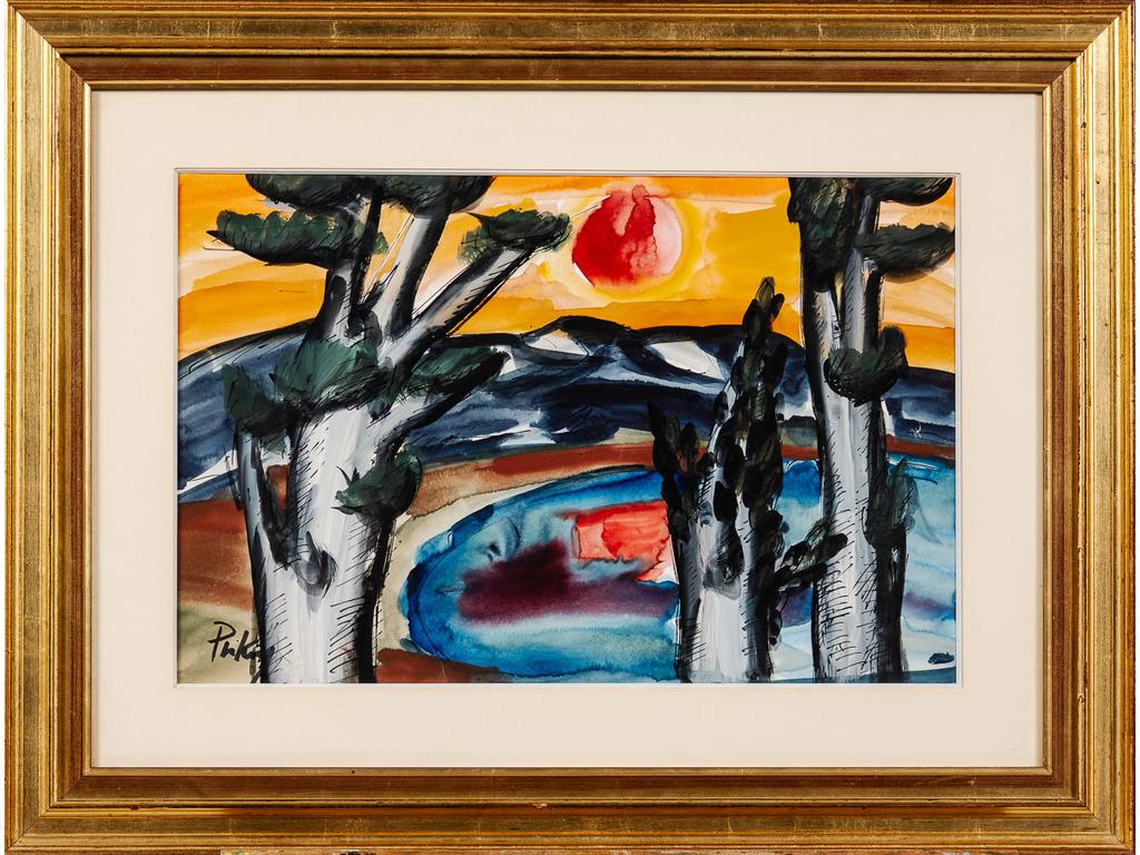 Franz PRIKING (1929-1979) : Paysage au coucher de soleil. Aquarelle gouachée signée en bas à gauche. (Petite déchirure). Dim : 31 x 48 cm.